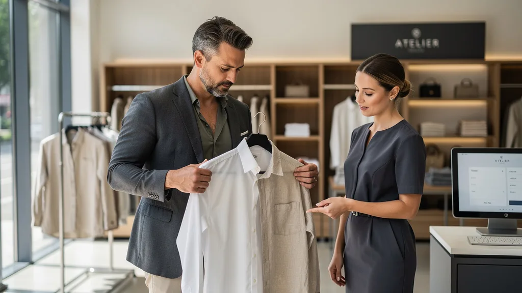 Click to manage / replace image A customer in a clothing store comparing the feel of a white cotton dress shirt and a beige linen shirt.