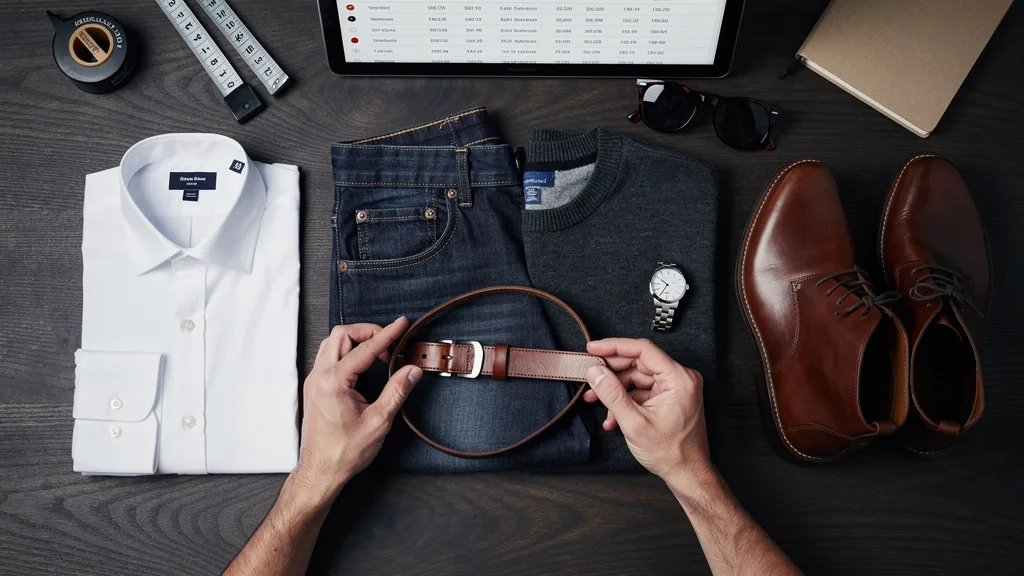 A clean flat lay composition on a dark wood background showcasing men