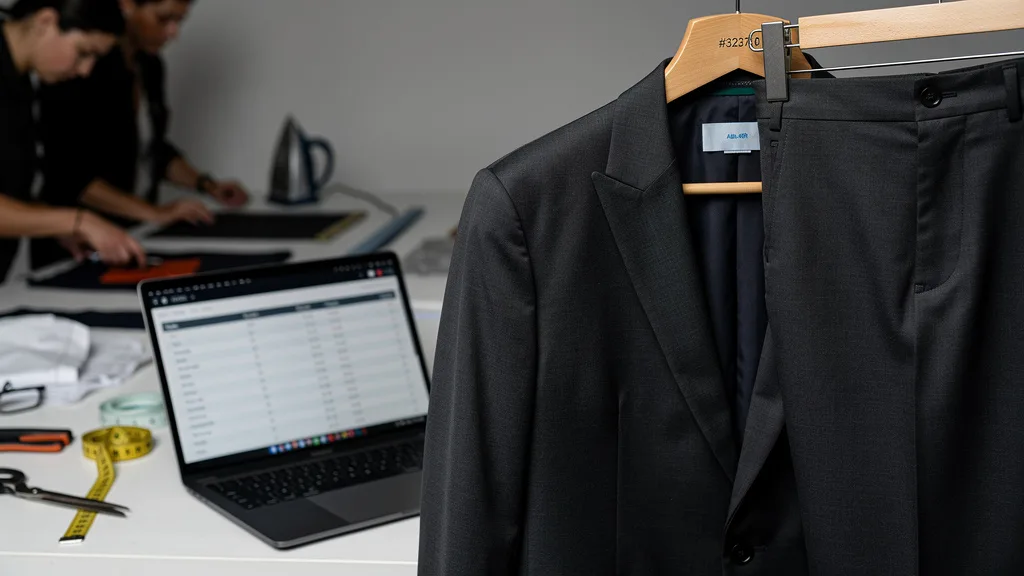 A close-up on the identical smooth fabric of a suit jacket and its matching trousers.