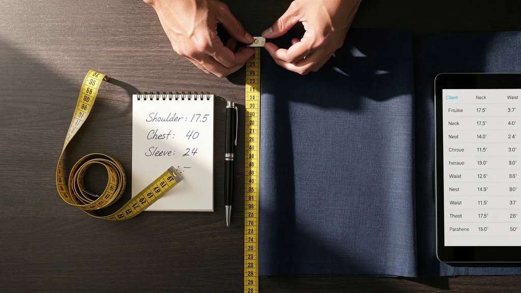 Click to manage / replace image A flat lay of a measuring tape, notepad, pen, and fabric swatch for measuring clothes.