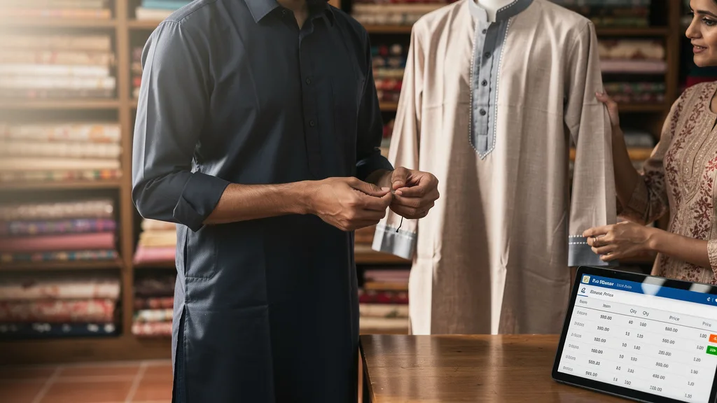 Click to manage / replace image Kurta Buying Checklist for First - A person feeling different fabrics as part of their kurta buying checklist.