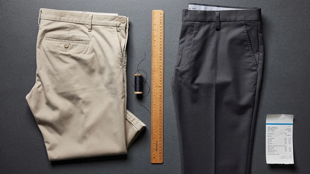 Side-by-side flat lay of a casual chino pant and a formal dress trouser.