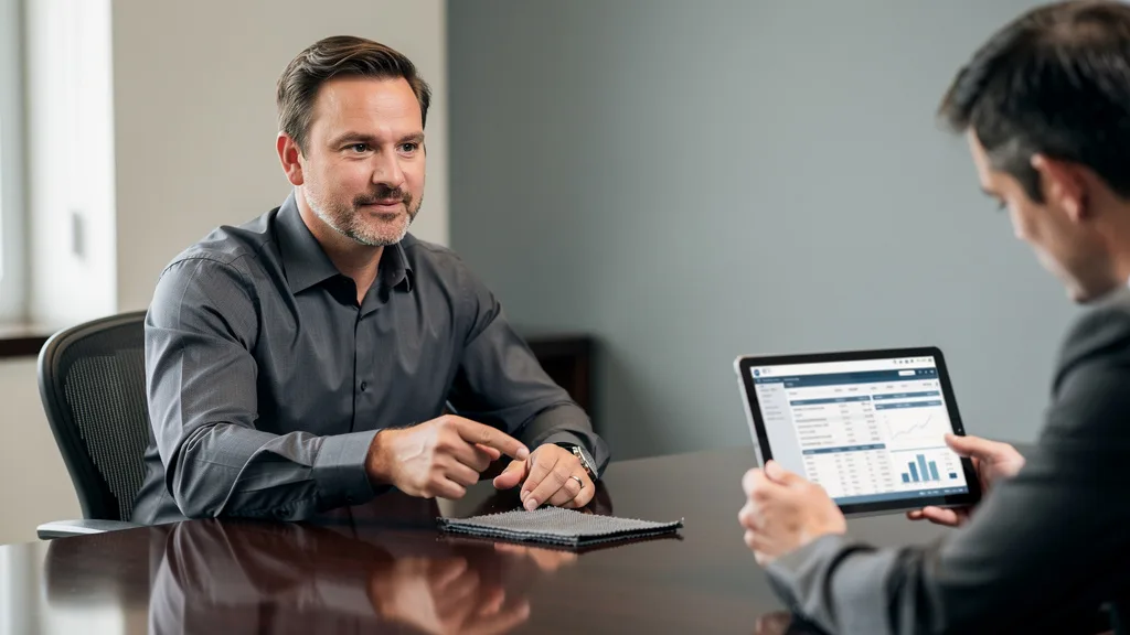 Professional man in a charcoal grey twill shirt during a meeting, illustrating the fabric