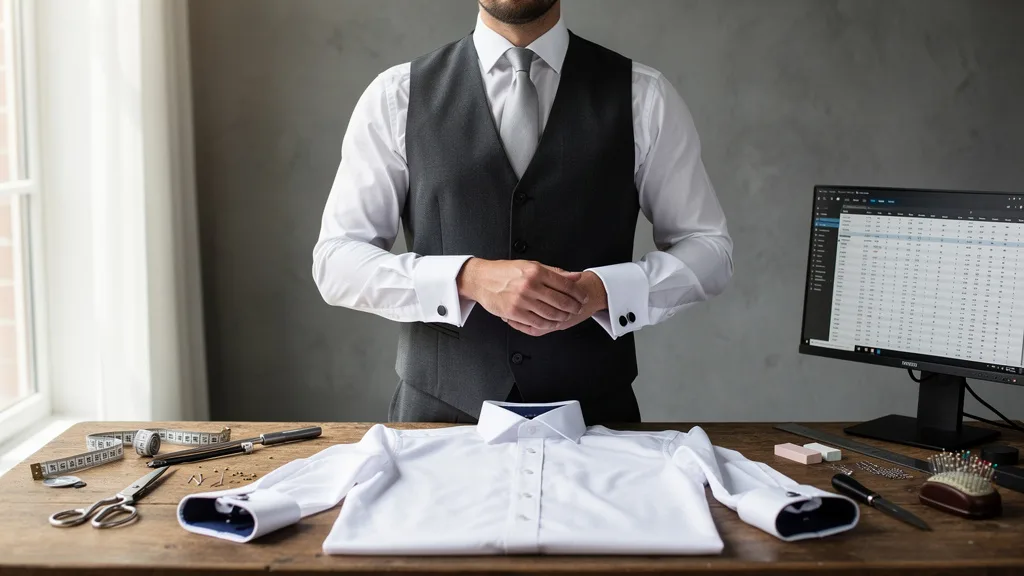 A person fastens a silver cufflink through a white double-layered French cuff.