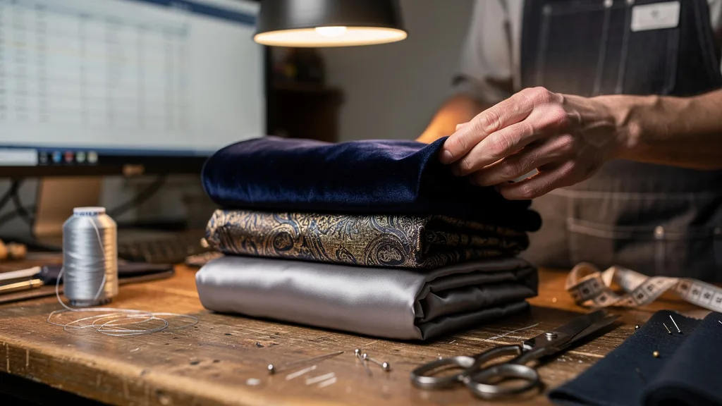 Click to manage / replace image A collection of luxurious waistcoat fabric swatches including velvet, brocade, and silk.