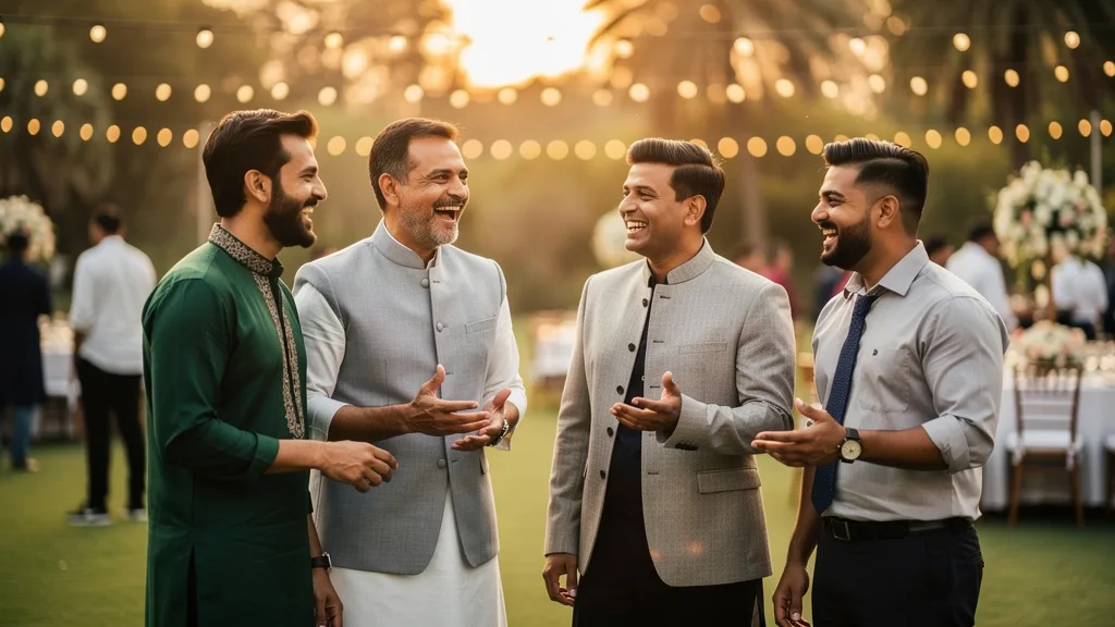Wedding guests wearing stylish kurtas, the appropriate choice over a sherwani.