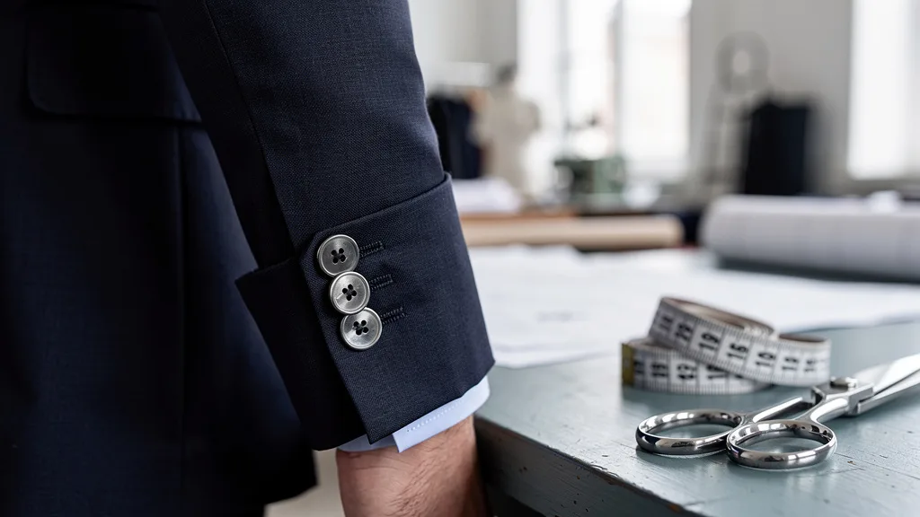 Click to manage / replace image A detailed view of a correctly layered blazer sleeve showing half an inch of the shirt cuff.