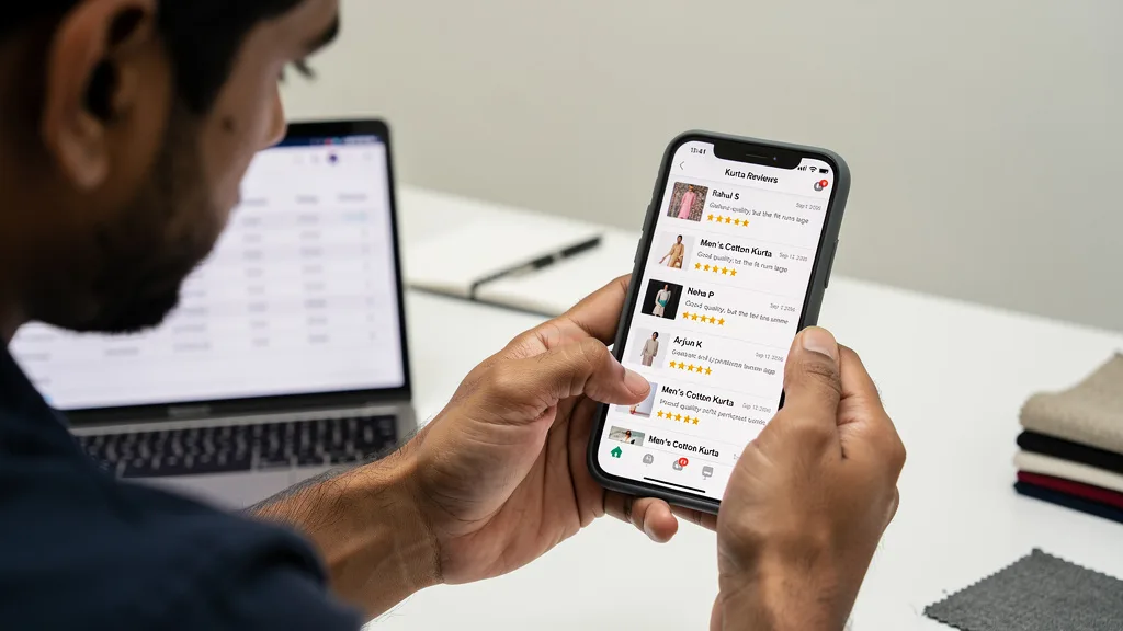 Click to manage / replace image Person scrolling through customer reviews and star ratings on a smartphone.