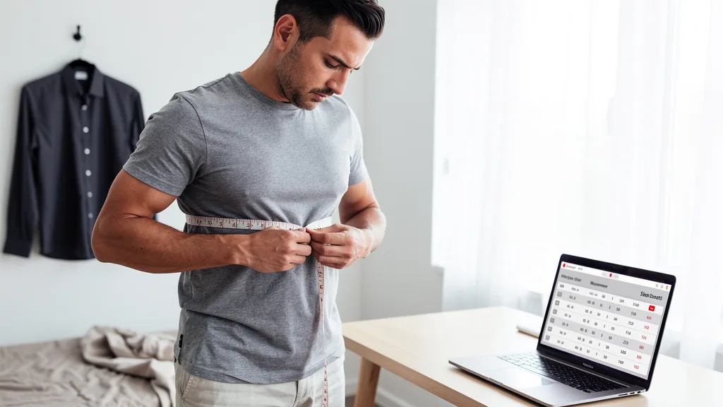 Click to manage / replace image A man measuring his chest to compare with an online store