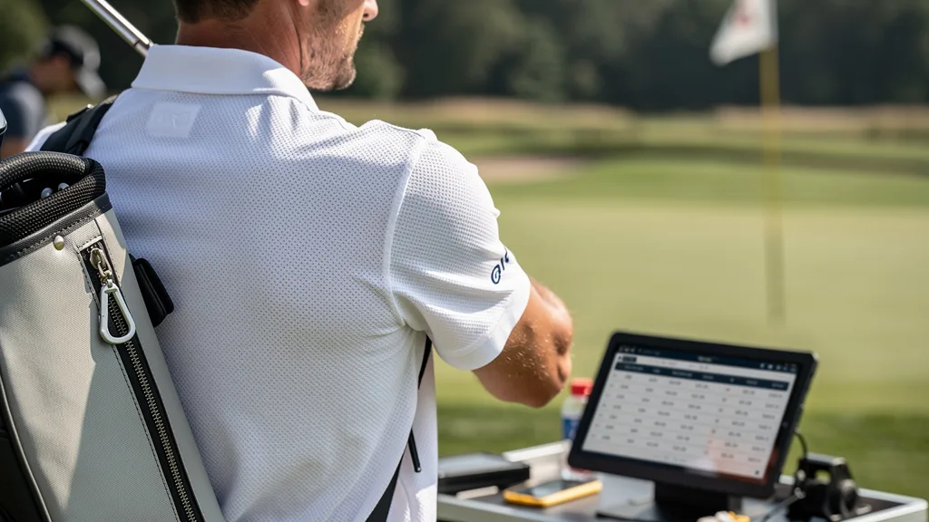 Click to manage / replace image A man wearing a breathable white pique polo shirt while playing golf.