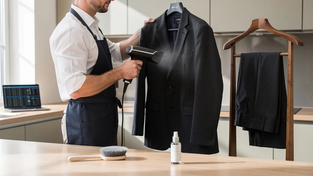 Click to manage / replace image A person is using a handheld steamer to remove wrinkles from a suit jacket.