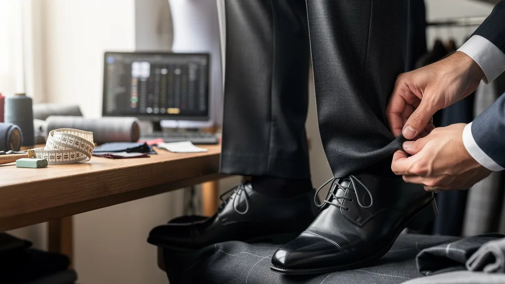 A detailed view of tailored wool dress trousers paired with formal black shoes.