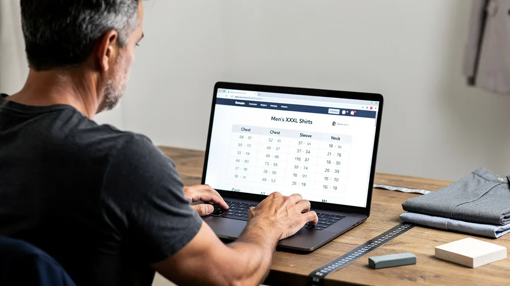 A person reviewing a detailed XXXL shirt size chart on a laptop screen.