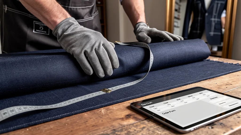 Click to manage / replace image A macro photograph showing the detailed texture and weave of a premium wool suit fabric.