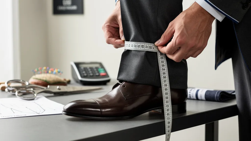 Man wearing perfectly fitted suit trousers with a slight break over his shoes.