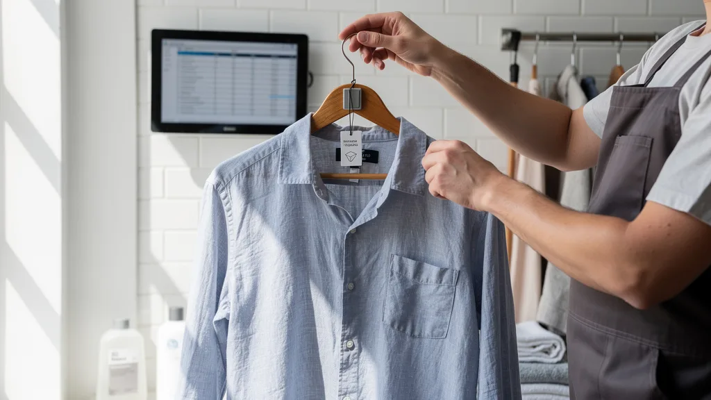 A person air-drying a premium linen shirt on a wooden hanger.