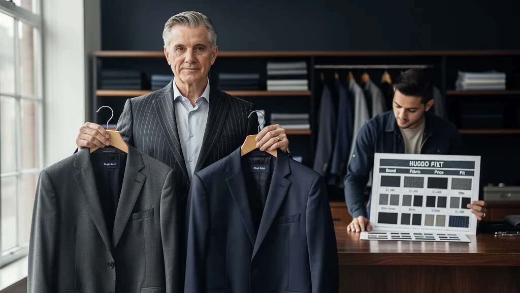 Click to manage / replace image A customer trying on a traditional-fit Ralph Lauren suit in a tailor
