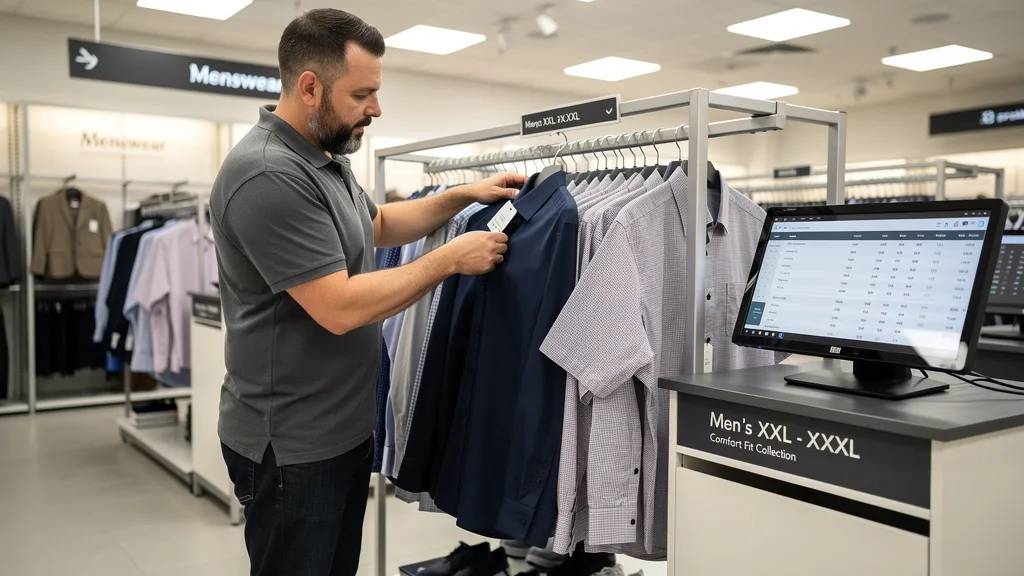 A shopper looks through a rack of XXXXL shirts in a department store