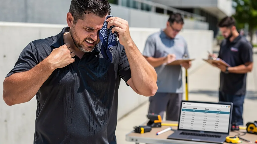 Click to manage / replace image Person looking uncomfortable in a thick synthetic shirt on a hot day.