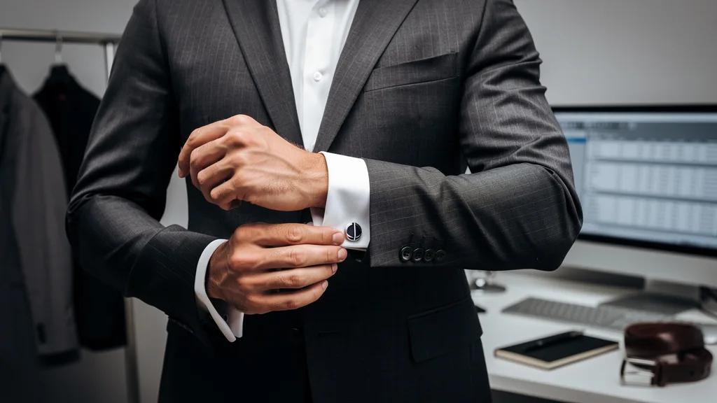 A man fastening an elegant cufflink on the French cuff of his dress shirt.