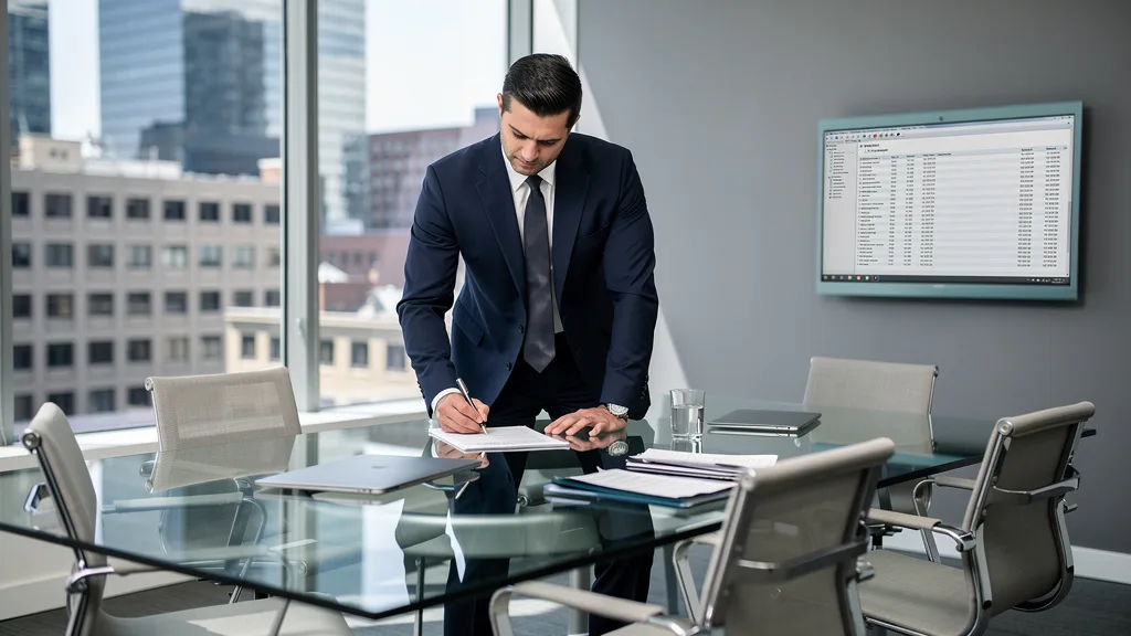 A man exuding confidence in a business professional outfit featuring navy formal trousers.