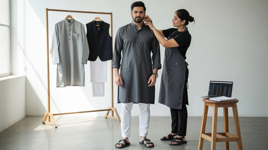Click to manage / replace image Styling options for a Pathani kurta, including a traditional salwar, modern straight-cut pajamas, and casual jeans.