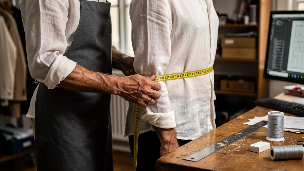 Premium Shirt - A tailor taking precise measurements for a custom plus-size shirt.