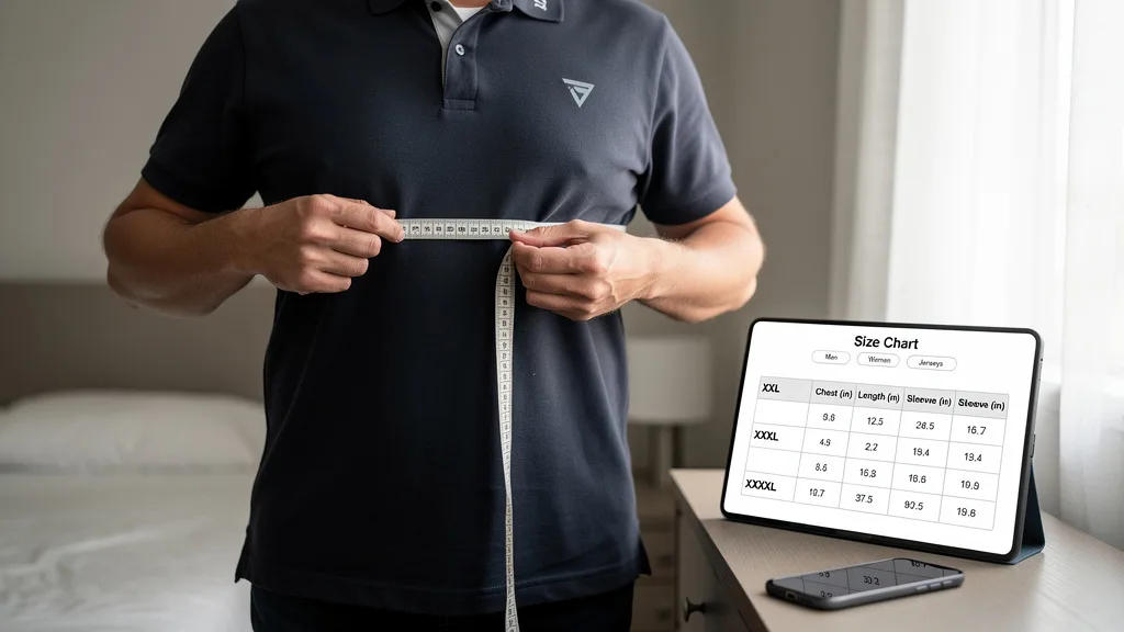 Click to manage / replace image A person carefully measuring their chest with a soft tape measure for accurate shirt sizing.