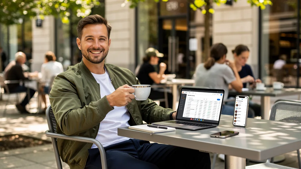 A man demonstrates a smart casual look by pairing comfort pants with a t-shirt and jacket.