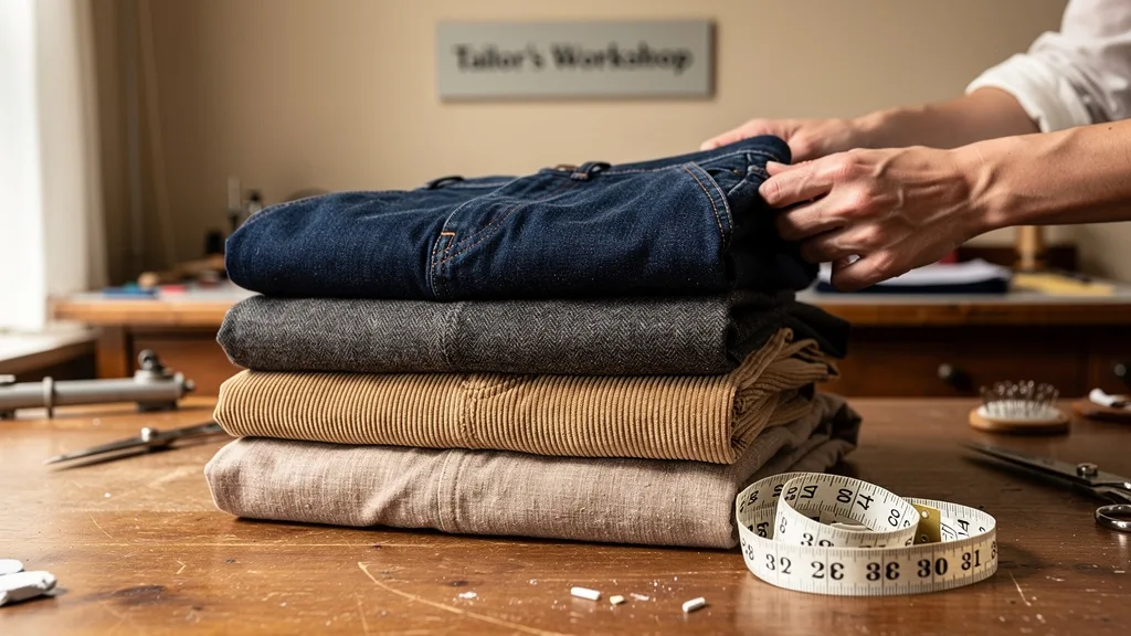 Click to manage / replace image A stack of folded trousers showcasing different fabrics like denim, wool, and corduroy.