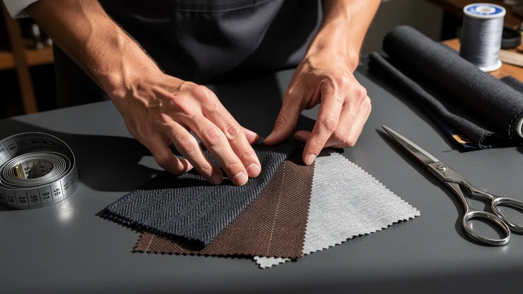 Click to manage / replace image A close-up view of textured suit fabric swatches in various colors and patterns.