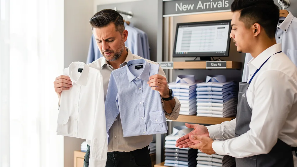 Click to manage / replace image A retail display of folded dress shirts with a customer comparing two different options.