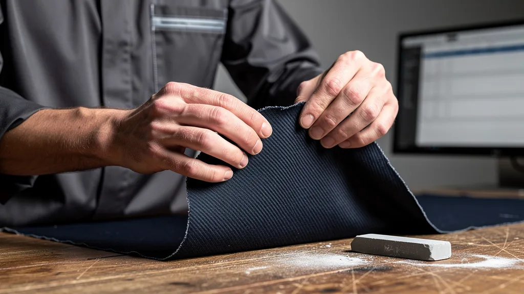 Detailed view of the diagonal rib pattern characteristic of a navy blue twill shirt fabric.