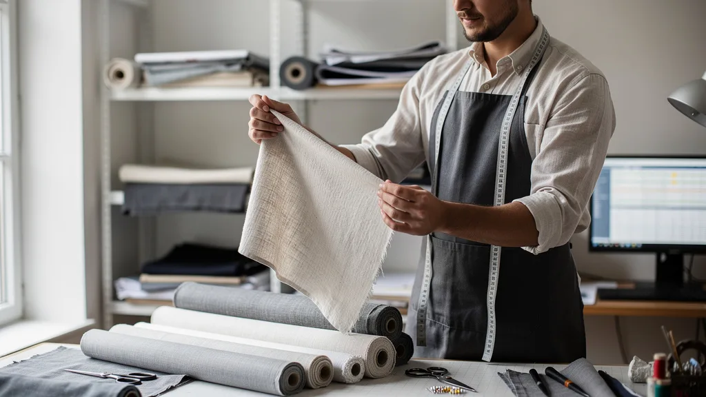 Comparing the texture of a pure linen fabric swatch against a cotton-linen blend.
