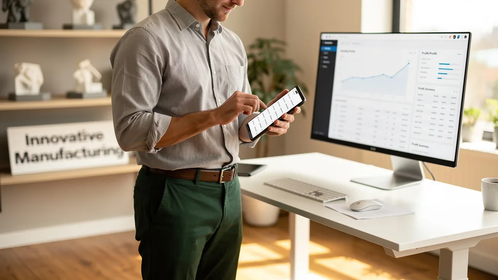 Click to manage / replace image A man in a smart-casual outfit of chinos and a shirt working in a creative office.