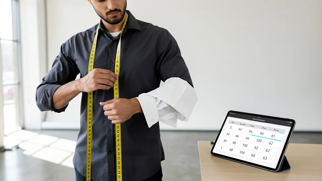 Click to manage / replace image A person examining the fabric texture of a high-quality shirt before buying it online.