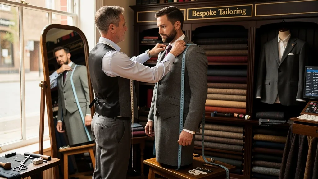 Tailor fitting a waistcoat for a three-piece suit on a client.
