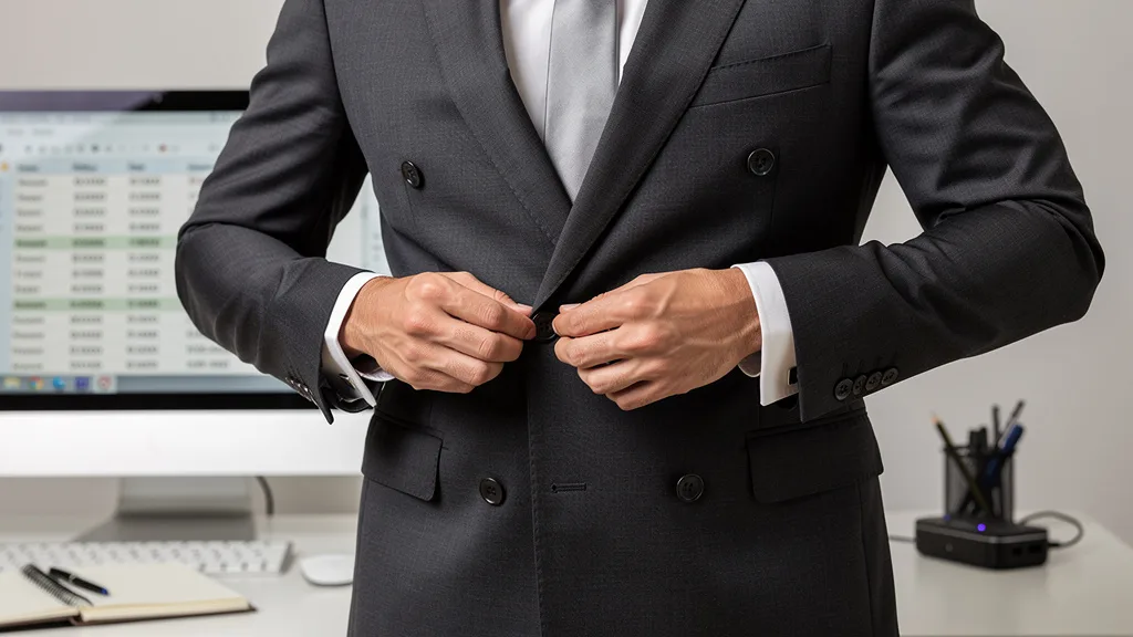 Click to manage / replace image A close-up showing the correct way to button a double-breasted suit, leaving the bottom button undone.