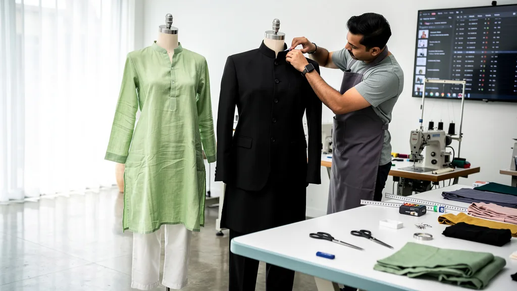 A visual comparison of a flowing green kurta and a structured black Pathani suit on mannequins.