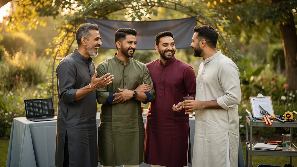 Click to manage / replace image Men of various body types looking stylish in straight-cut kurtas at a party.