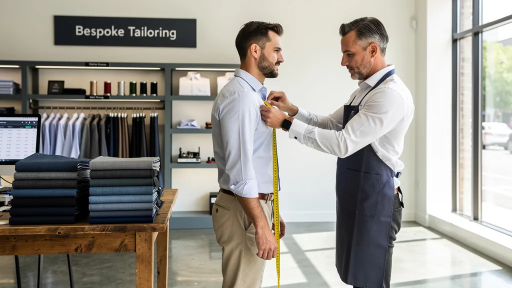 Customer getting measured for a perfectly fitted shirt by a tailor.
