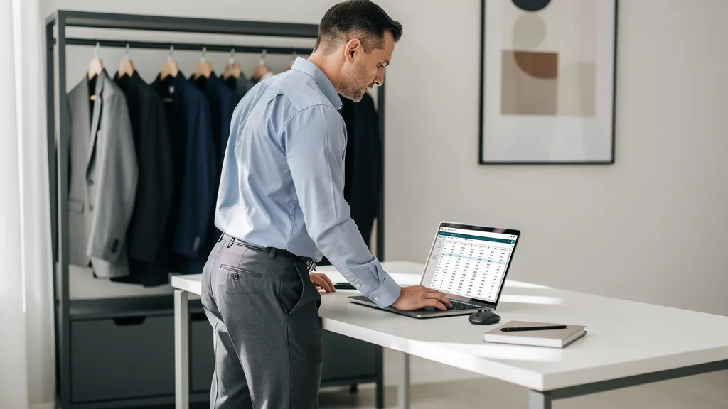 Click to manage / replace image A professional man wearing smart trousers in a business casual office setting.