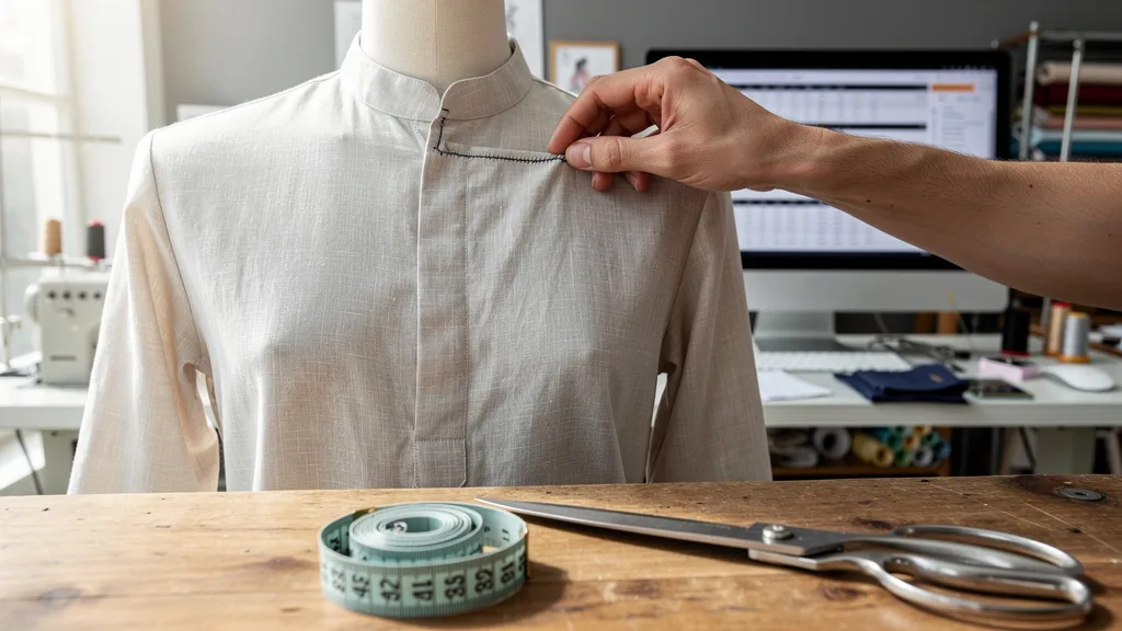 Click to manage / replace image Close-up of a linen straight-cut kurta with a mandarin collar on a mannequin.