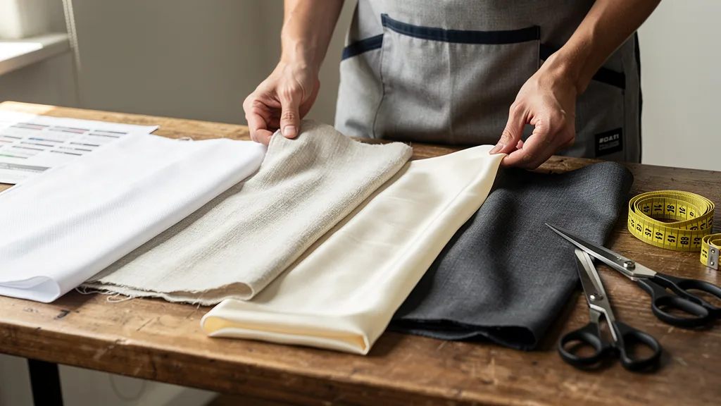 Fabric swatches of cotton, linen, rayon, and a performance blend on a workbench.