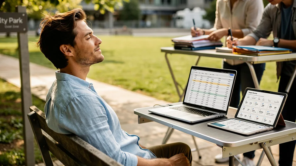 Click to manage / replace image A man looking comfortable and cool in a light blue breathable linen shirt on a warm, sunny day.