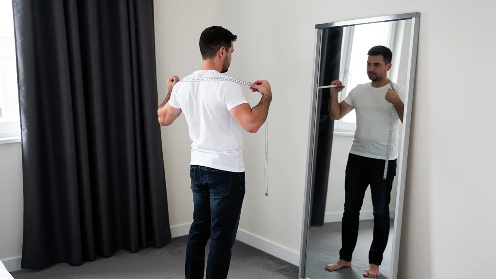 Click to manage / replace image Man measuring his shoulder width in a mirror for an accurate clothing fit.
