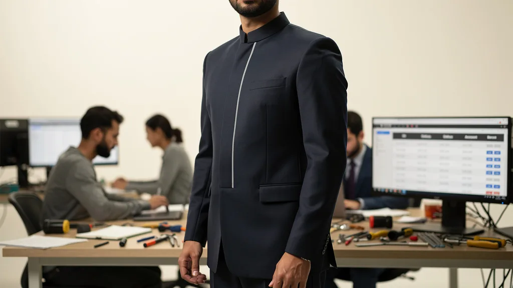 A man wearing a bold navy Pathani suit, highlighting its structured shoulders and sharp collar.
