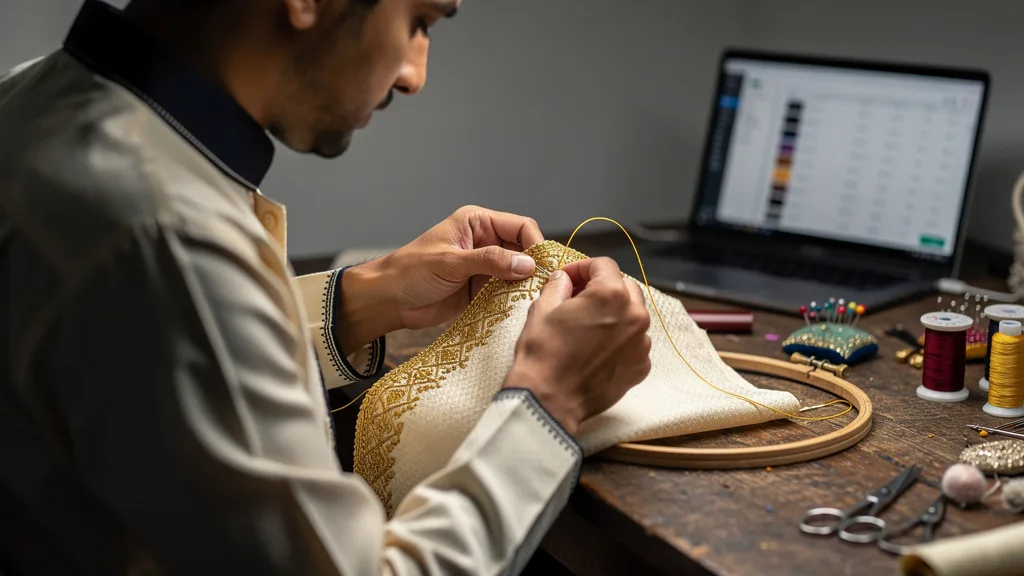 Click to manage / replace image An artisan carefully applying detailed gold embroidery to the collar of a premium wedding kurta.