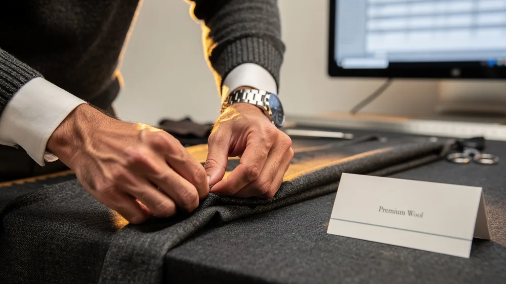 Close-up of hands feeling the high-quality weave of a premium fabric, a key fashion tip for men.
