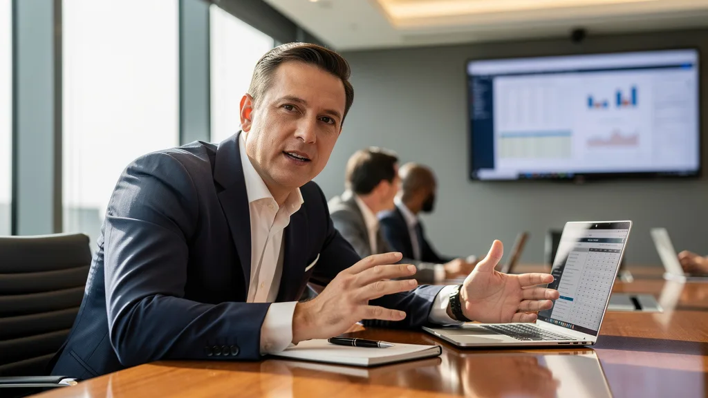A man wearing a formal poplin shirt in a professional business meeting setting.